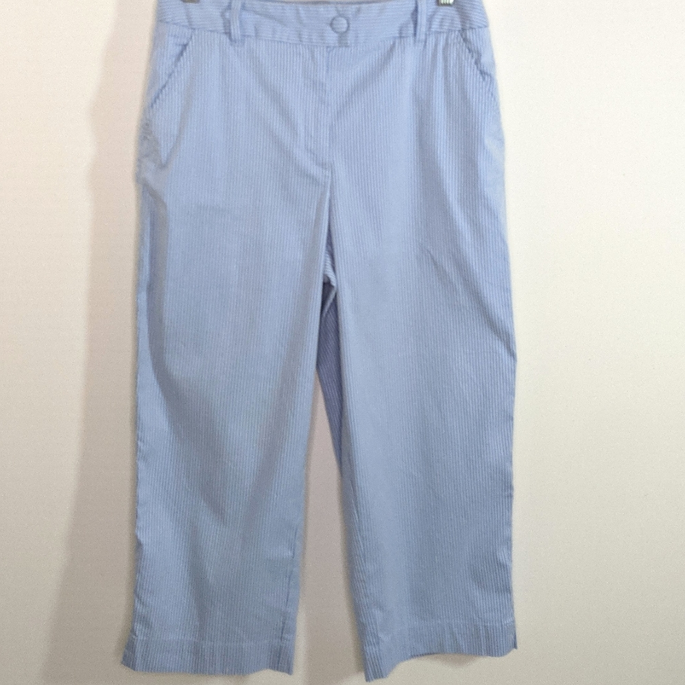 90's Vtg Talbots Stretch Capris Sky Blue White Stripes 10 Flat Front Preppy